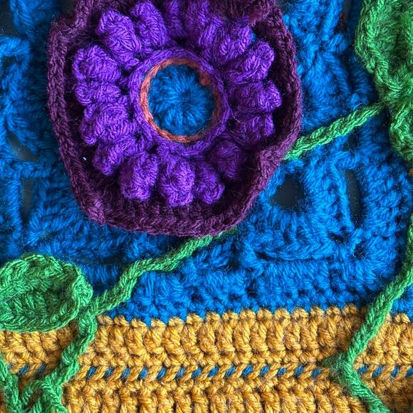 Handmade Crochet Granny Square Art Panel Fiber Art 32x32 Floral 3D Applique Yarn - Picture 3 of 7